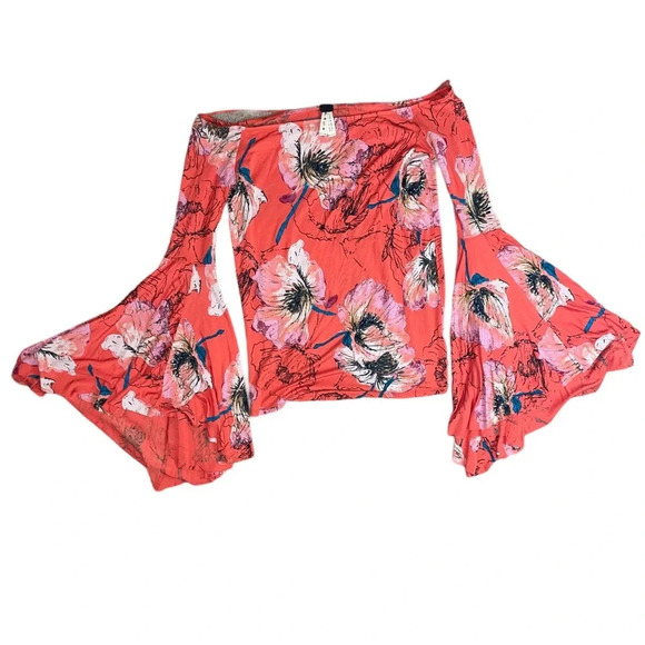 We The Free Orange Floral Top Butterfly Bell Sleeve Birds of Paradise Size Small - Picture 6 of 6